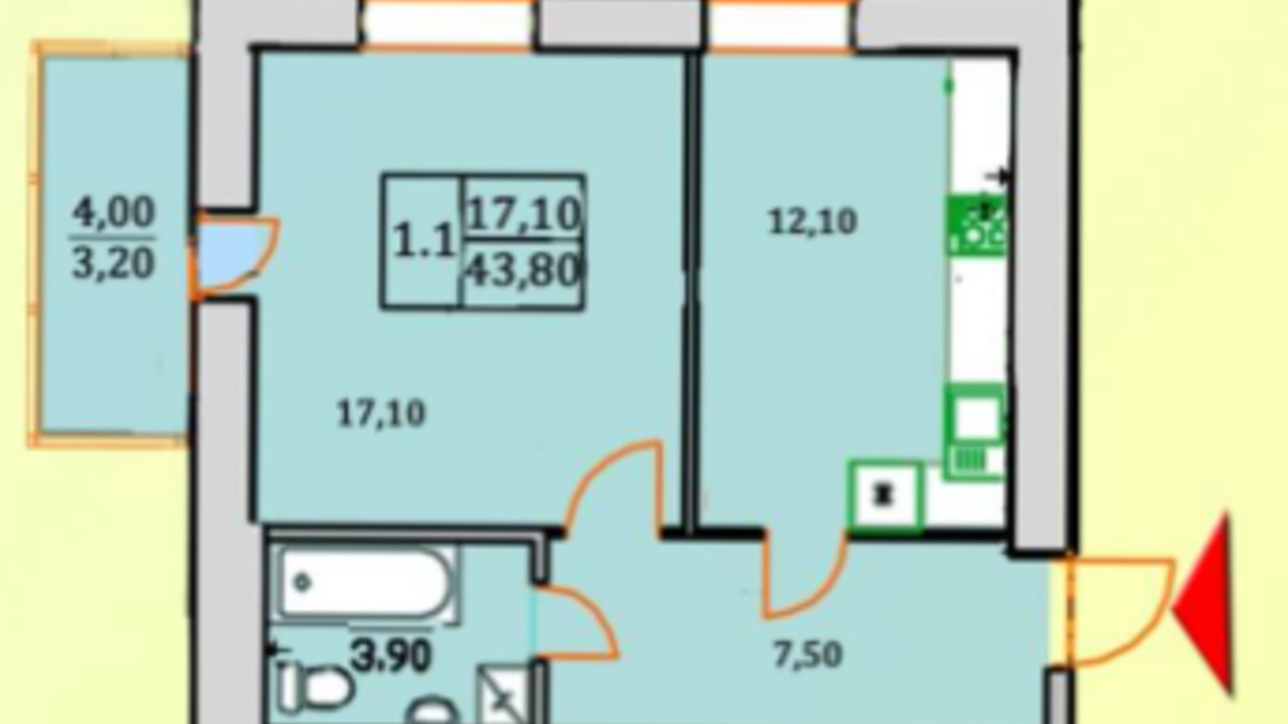 Планировка 1-комнатной квартиры в ЖК Сонячна Оселя 43.8 м², фото 232962