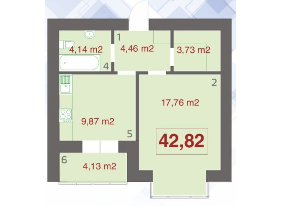 Планування 1-кімнатної квартири в ЖК Левада Дем'янів Лаз 42.82 м², фото 233052 Планування 1-кімнатної квартири в ЖК Левада Дем'янів Лаз 42.82 м², фото 233052