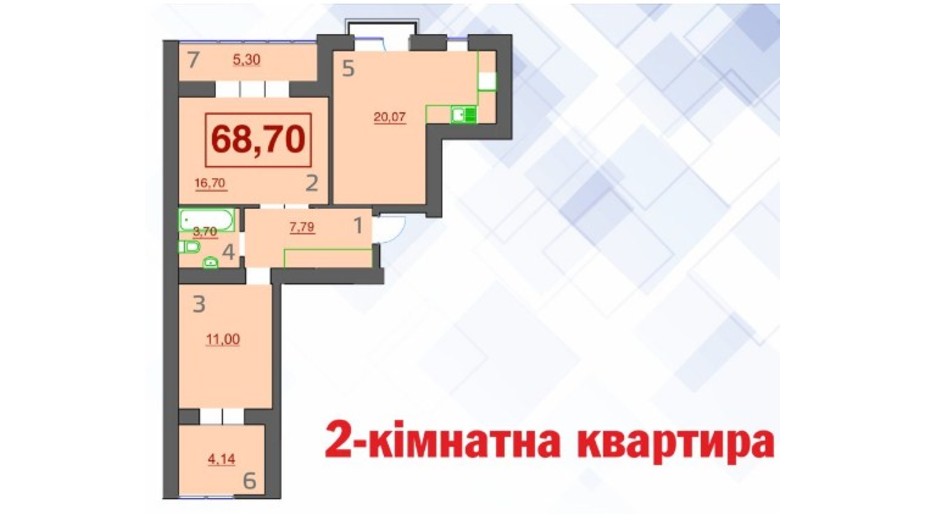 Планування 2-кімнатної квартири в ЖК Левада Дем'янів Лаз 68.7 м², фото 233053