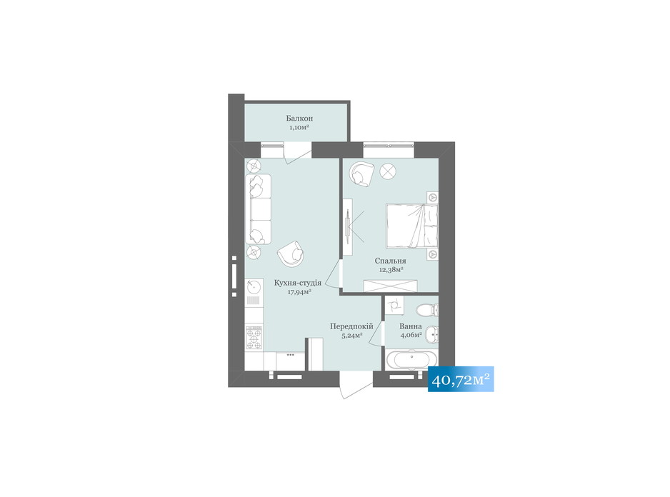 Планировка 1-комнатной квартиры в ЖК West Towers 40.72 м², фото 233175 Планировка 1-комнатной квартиры в ЖК West Towers 40.72 м², фото 233175