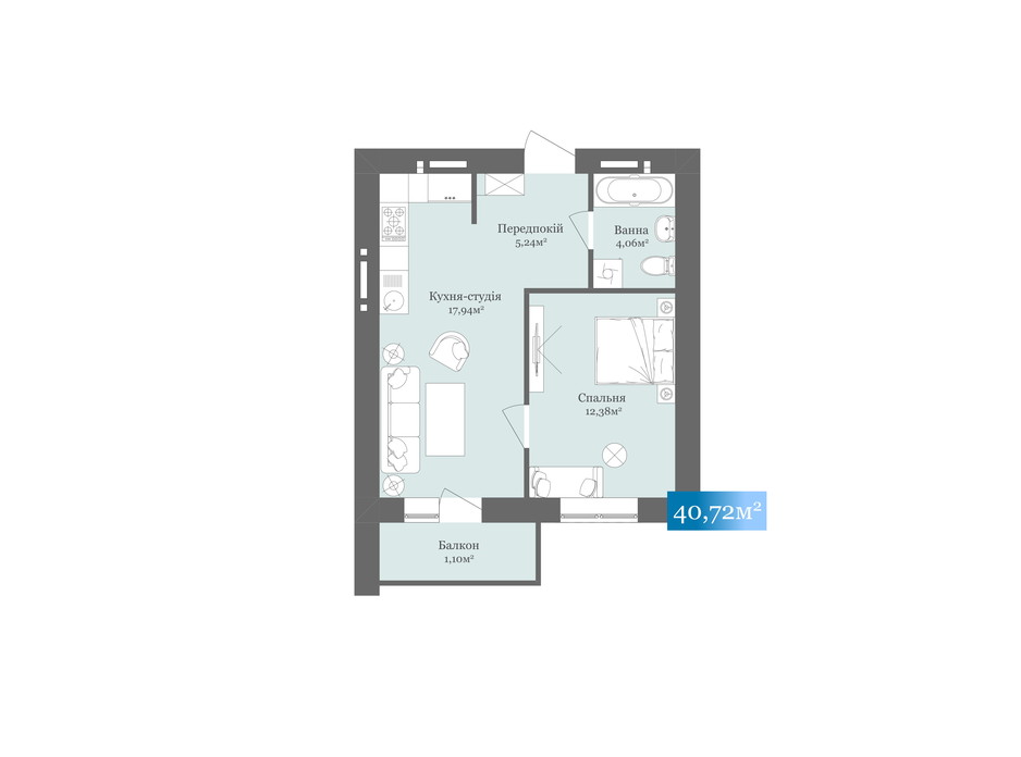Планировка 1-комнатной квартиры в ЖК West Towers 40.72 м², фото 233176 Планировка 1-комнатной квартиры в ЖК West Towers 40.72 м², фото 233176
