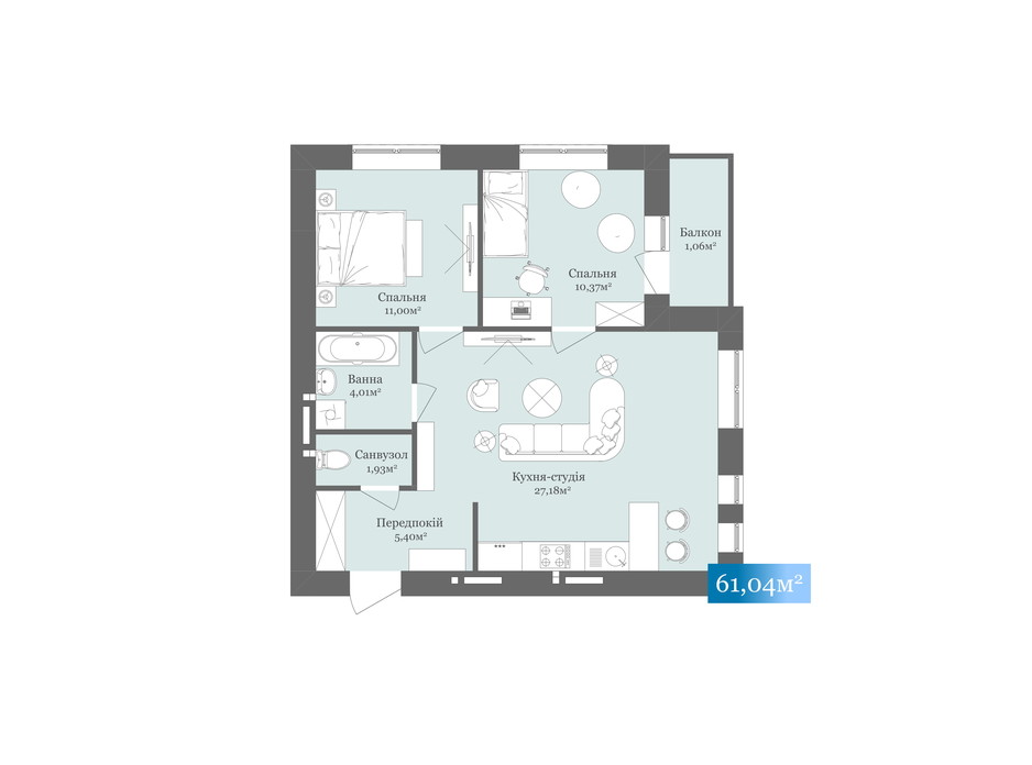 Планировка 2-комнатной квартиры в ЖК West Towers 61.04 м², фото 233179 Планировка 2-комнатной квартиры в ЖК West Towers 61.04 м², фото 233179