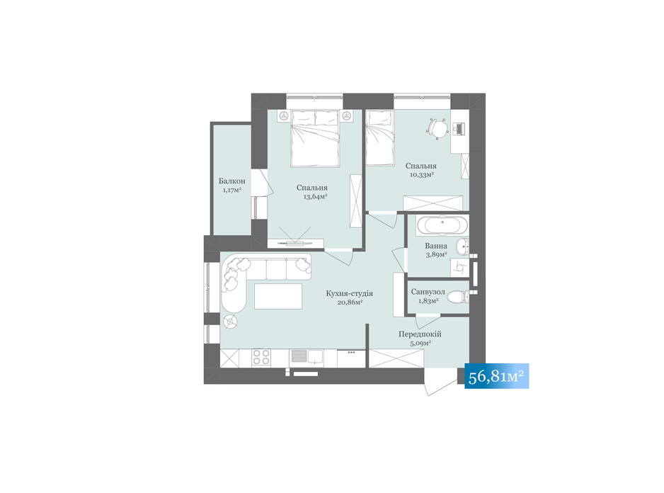 Планировка 2-комнатной квартиры в ЖК West Towers 56.81 м², фото 233180 Планировка 2-комнатной квартиры в ЖК West Towers 56.81 м², фото 233180