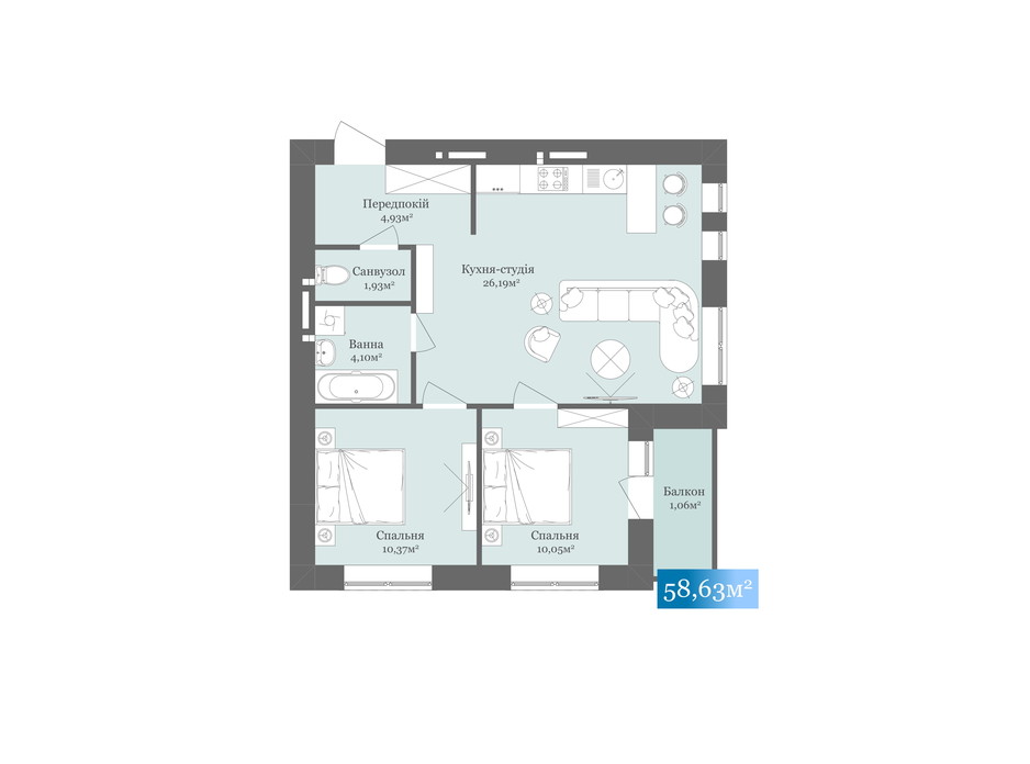 Планировка 2-комнатной квартиры в ЖК West Towers 58.63 м², фото 233181 Планировка 2-комнатной квартиры в ЖК West Towers 58.63 м², фото 233181