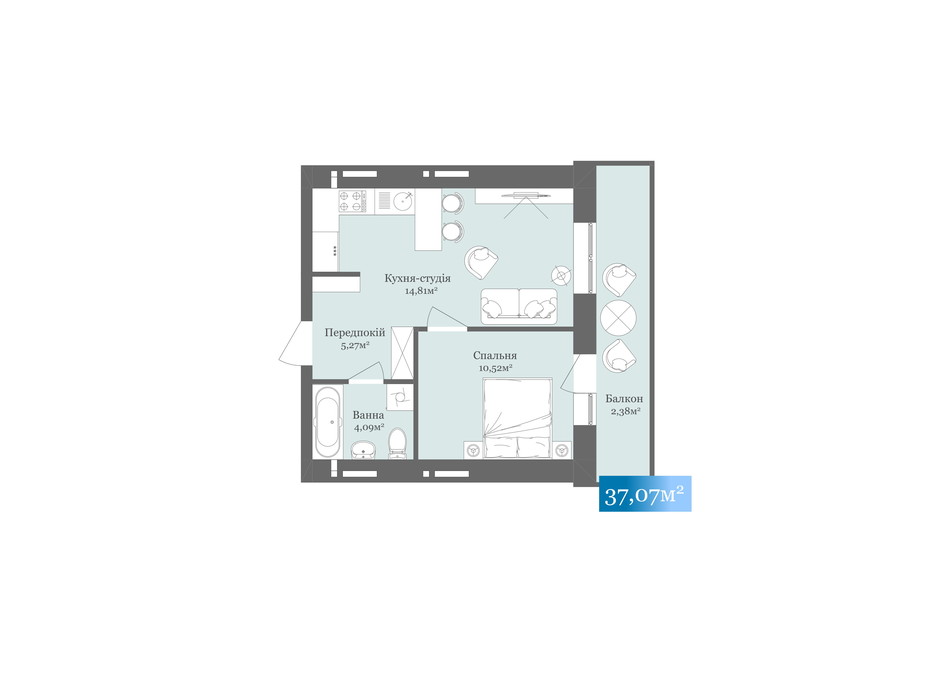 Планировка 1-комнатной квартиры в ЖК West Towers 37.07 м², фото 233182 Планировка 1-комнатной квартиры в ЖК West Towers 37.07 м², фото 233182