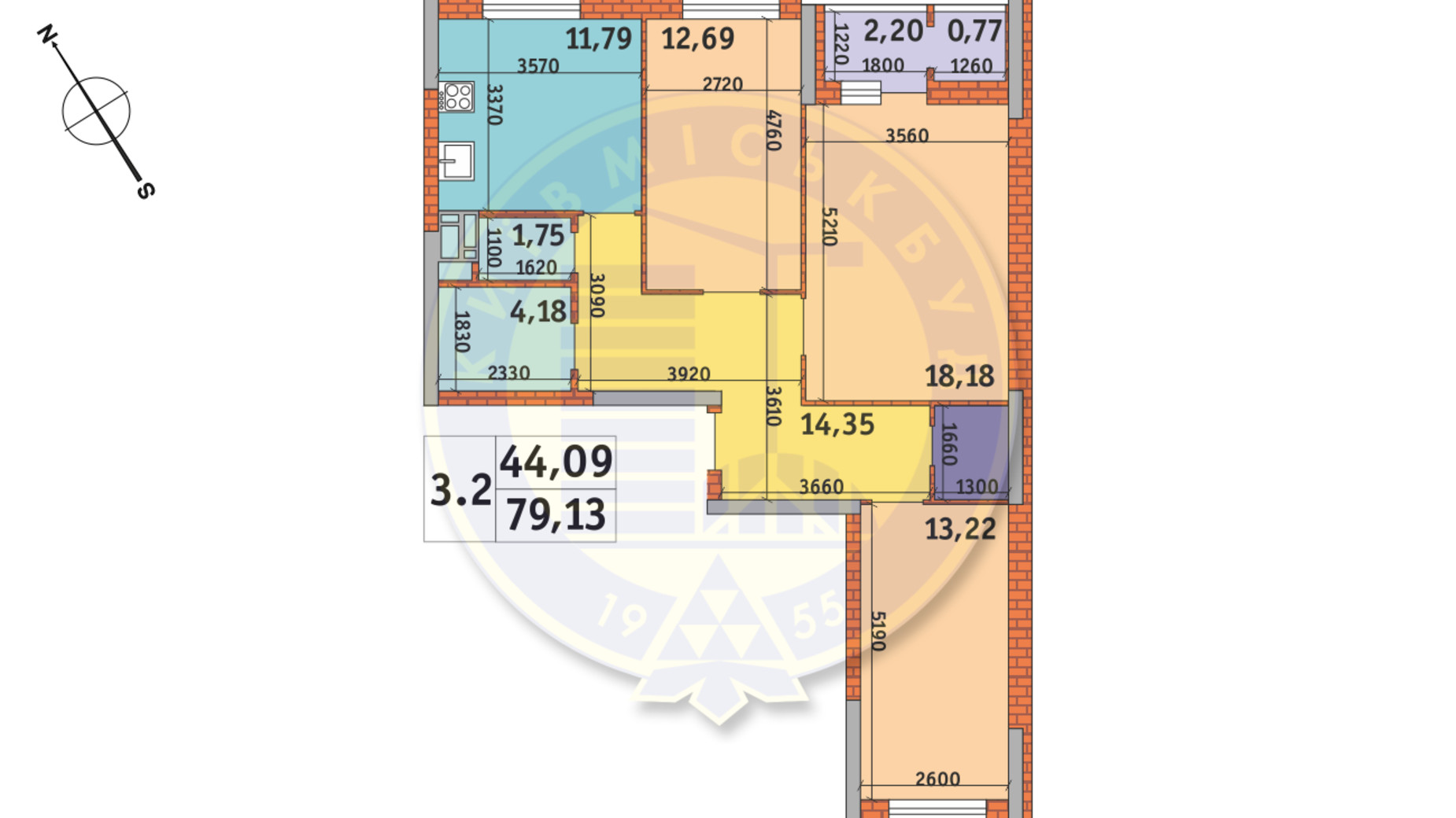 Планування 3-кімнатної квартири в ЖК Пектораль 79.13 м², фото 233250