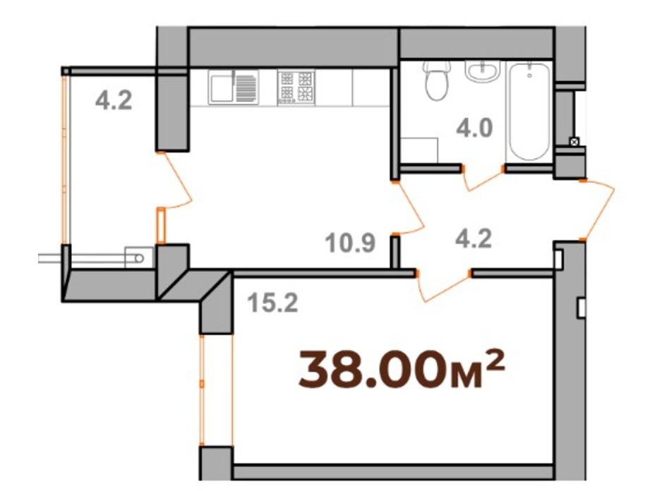 Планування 1-кімнатної квартири в ЖК Опришівська Слобода 38 м², фото 233312 Планування 1-кімнатної квартири в ЖК Опришівська Слобода 38 м², фото 233312