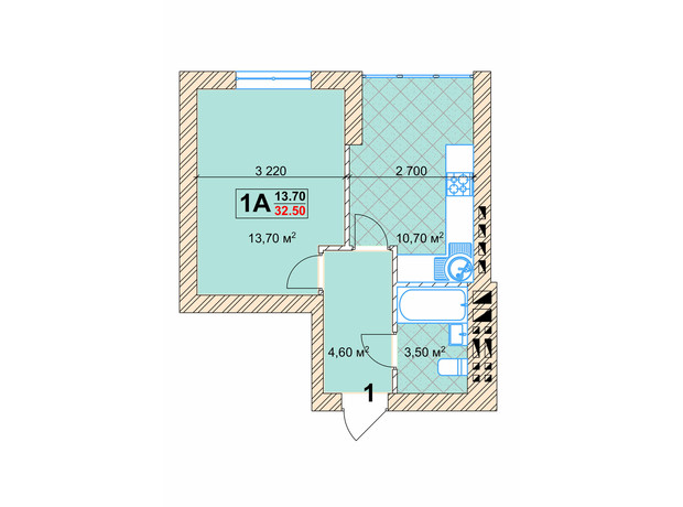 КД Марсель: планировка 1-комнатной квартиры 32.5 м²