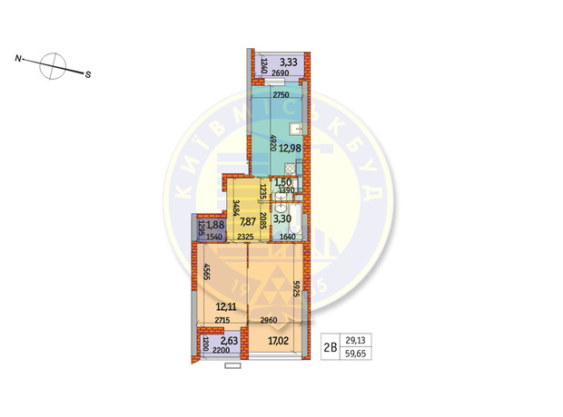 ЖК Курнатовського: планування 2-кімнатної квартири 59.65 м²