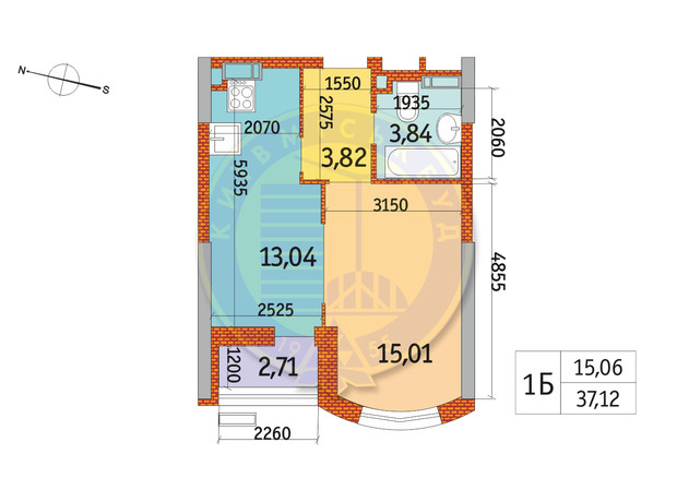 ЖК Курнатовського: планування 1-кімнатної квартири 37.12 м²