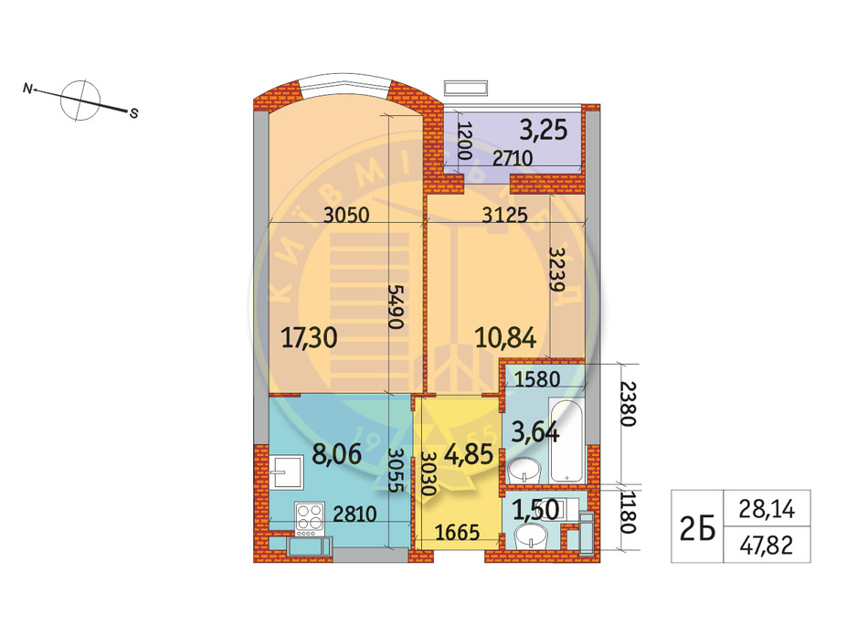 Планування 2-кімнатної квартири в ЖК Курнатовського 47.82 м², фото 233386 Планування 2-кімнатної квартири в ЖК Курнатовського 47.82 м², фото 233386
