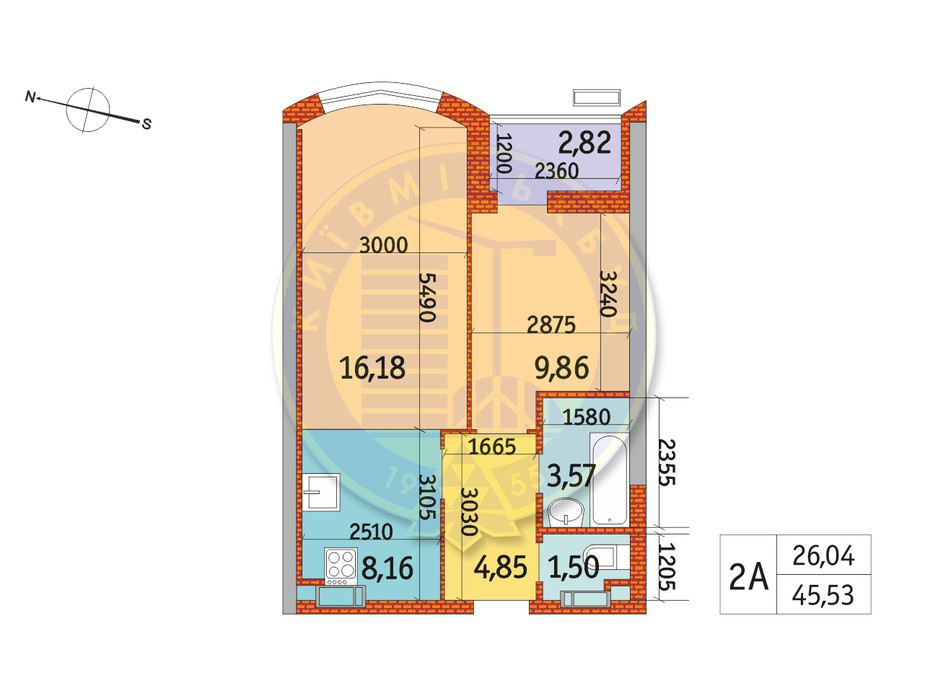 Планування 2-кімнатної квартири в ЖК Курнатовського 45.53 м², фото 233389 Планування 2-кімнатної квартири в ЖК Курнатовського 45.53 м², фото 233389