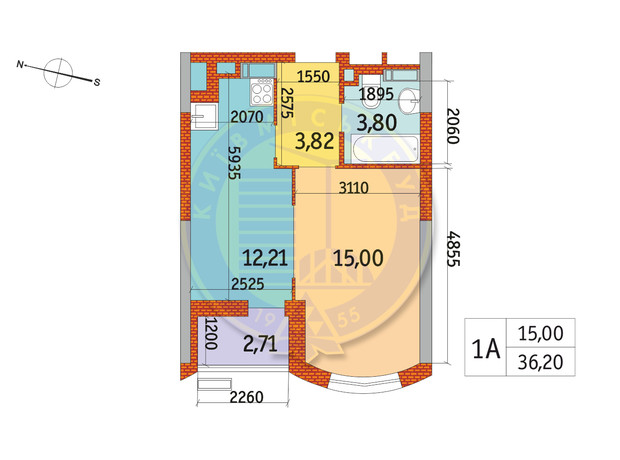 ЖК Курнатовского: планировка 1-комнатной квартиры 36.21 м²