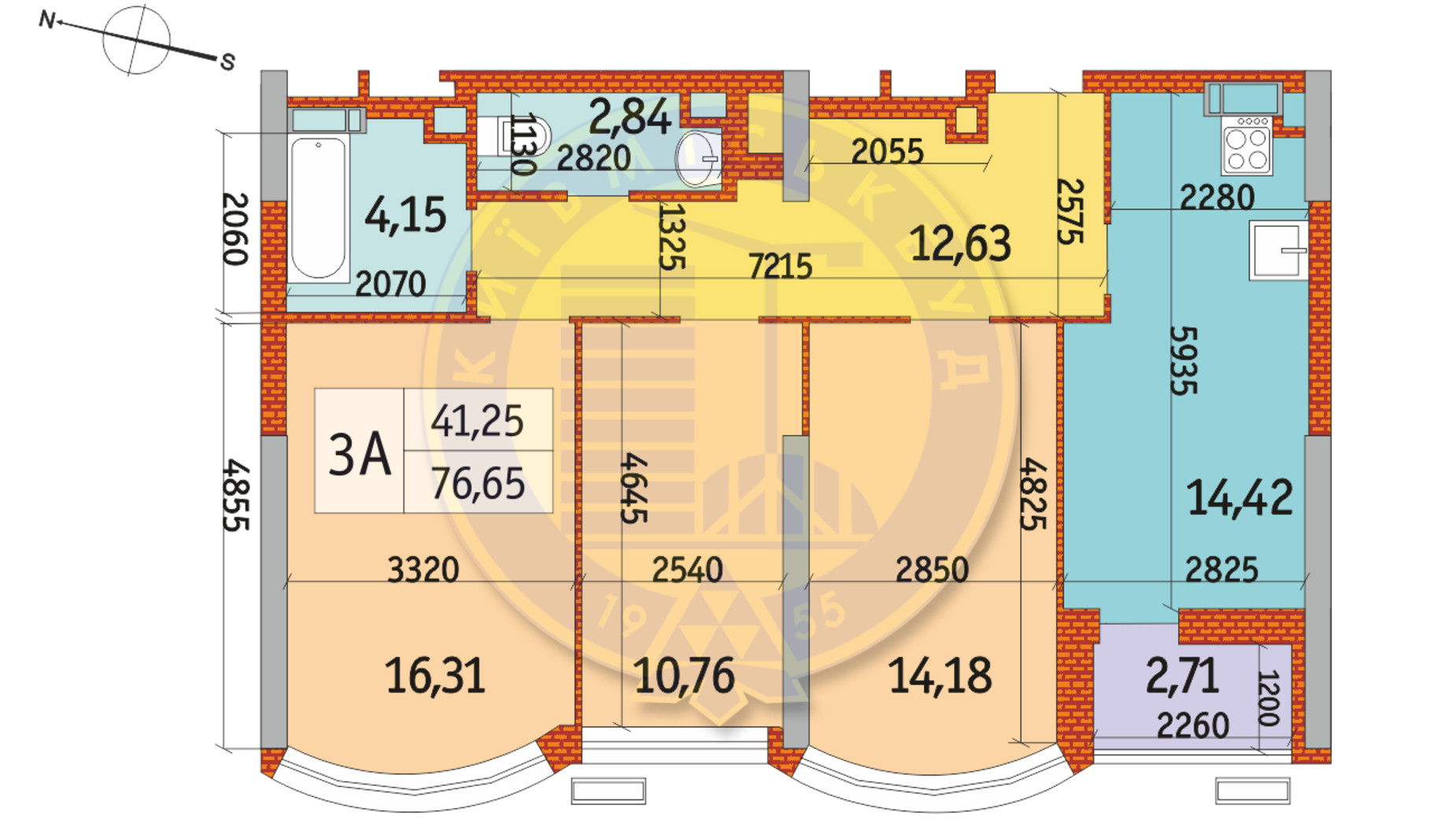 Планування 3-кімнатної квартири в ЖК Курнатовського 76.65 м², фото 233396