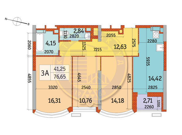 ЖК Курнатовского: планировка 3-комнатной квартиры 76.65 м²