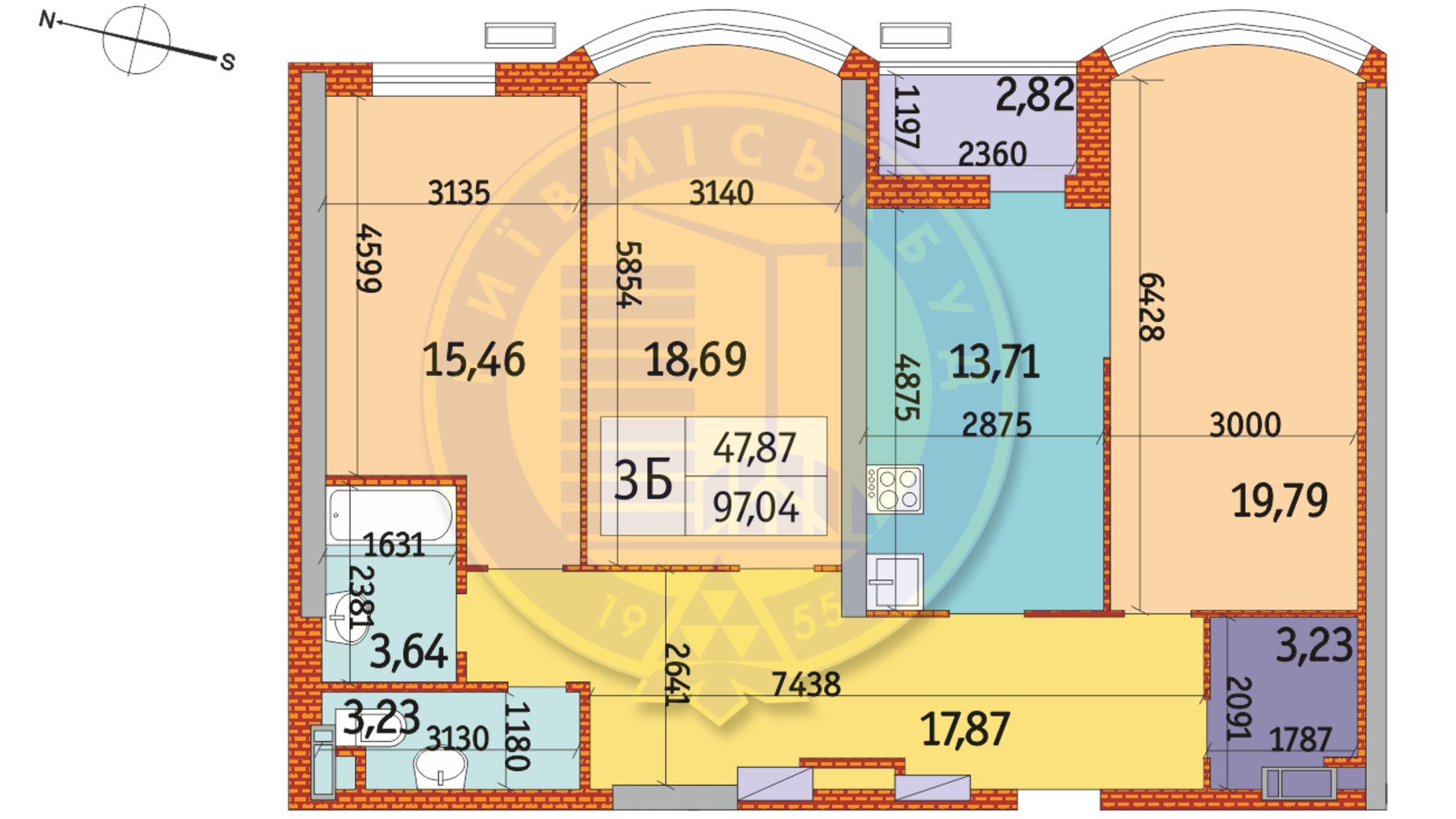 Планування 3-кімнатної квартири в ЖК Курнатовського 97.04 м², фото 233398