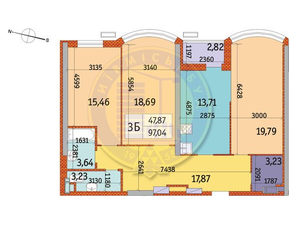 ЖК Курнатовского: планировка 3-комнатной квартиры 97.04 м²