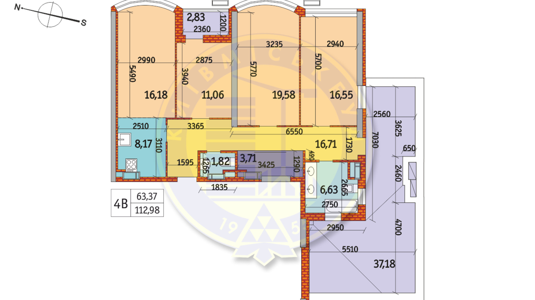 Планування 4-кімнатної квартири в ЖК Курнатовського 112.98 м², фото 233399