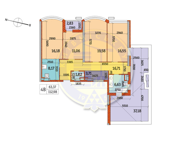 ЖК Курнатовского: планировка 4-комнатной квартиры 112.98 м²