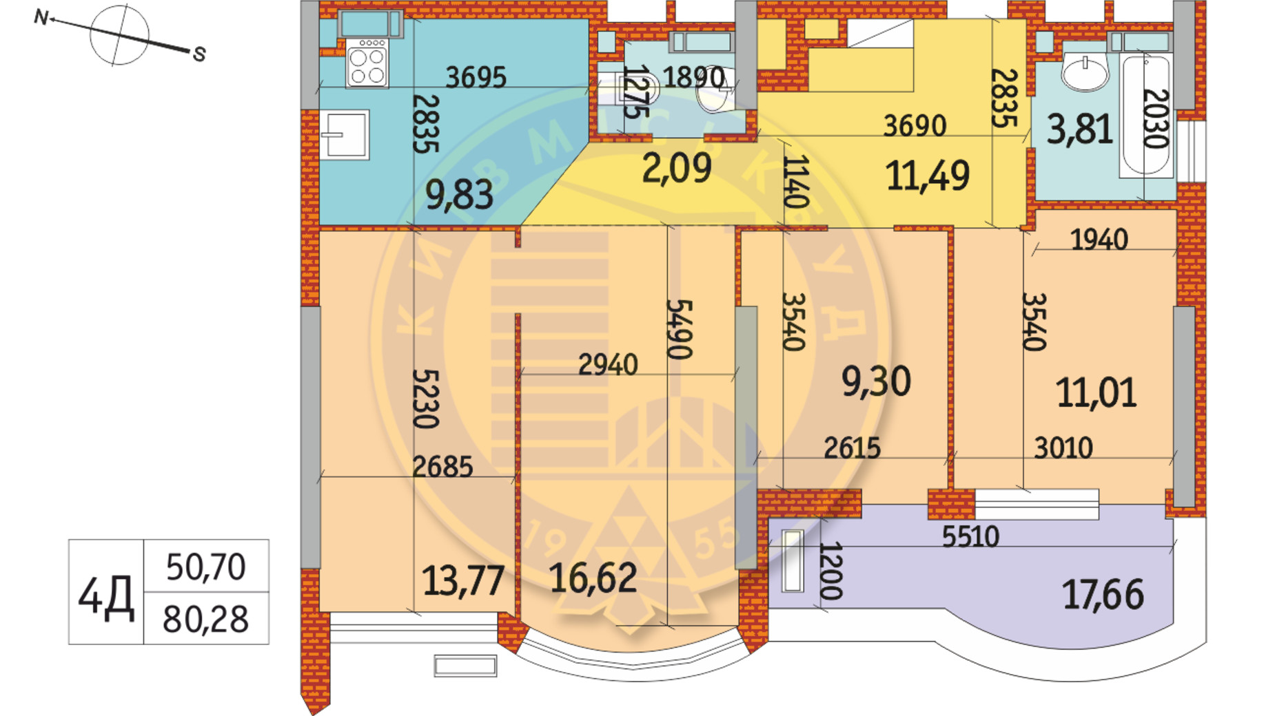 Планировка 4-комнатной квартиры в ЖК Курнатовского 80.28 м², фото 233404