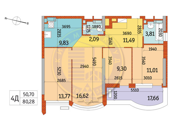 ЖК Курнатовского: планировка 4-комнатной квартиры 80.28 м²