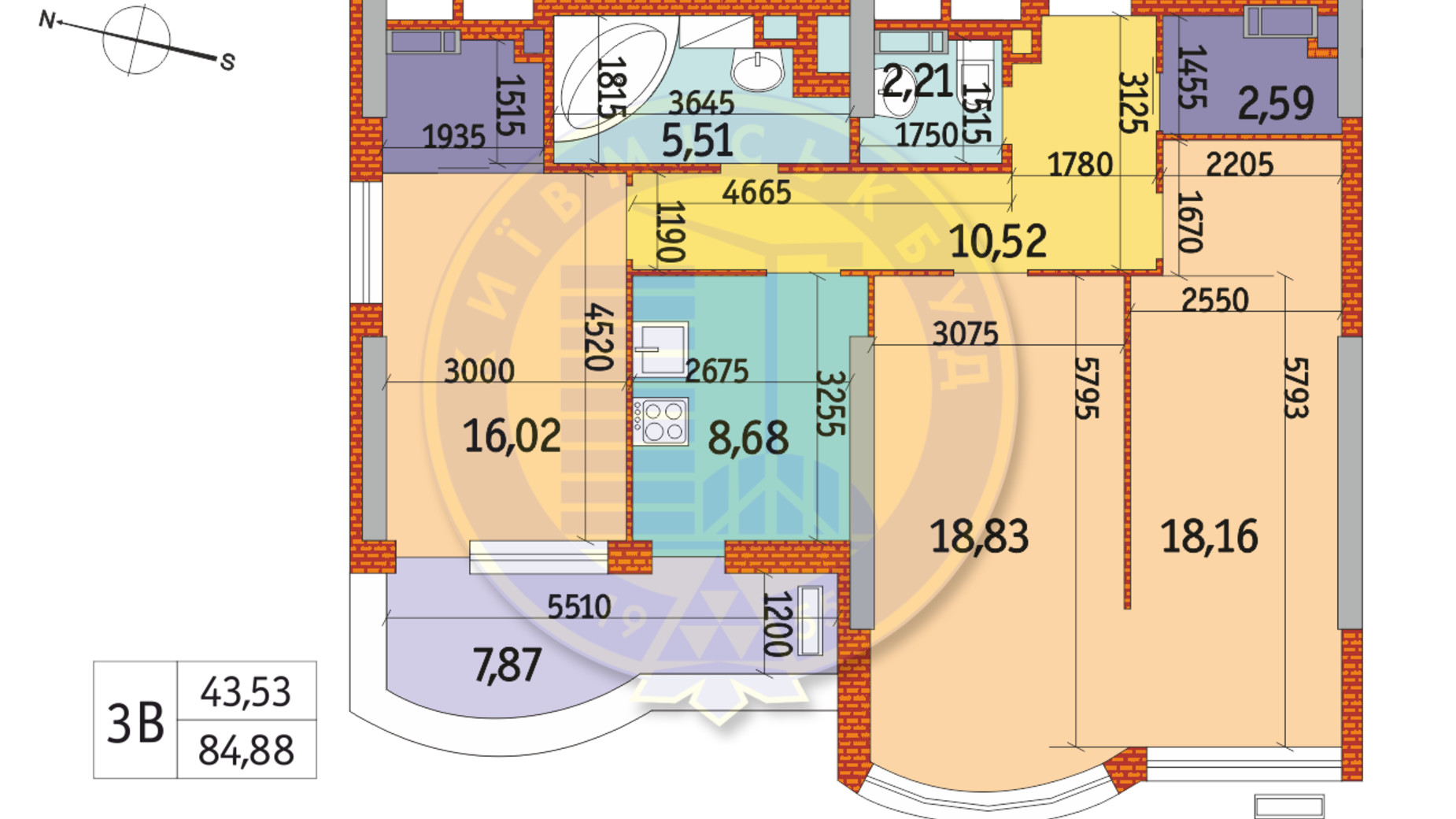 Планировка 3-комнатной квартиры в ЖК Курнатовского 84.88 м², фото 233405