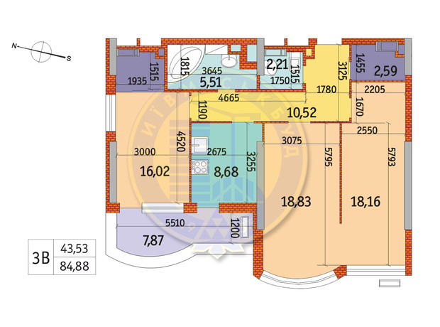 ЖК Курнатовского: планировка 3-комнатной квартиры 84.88 м²