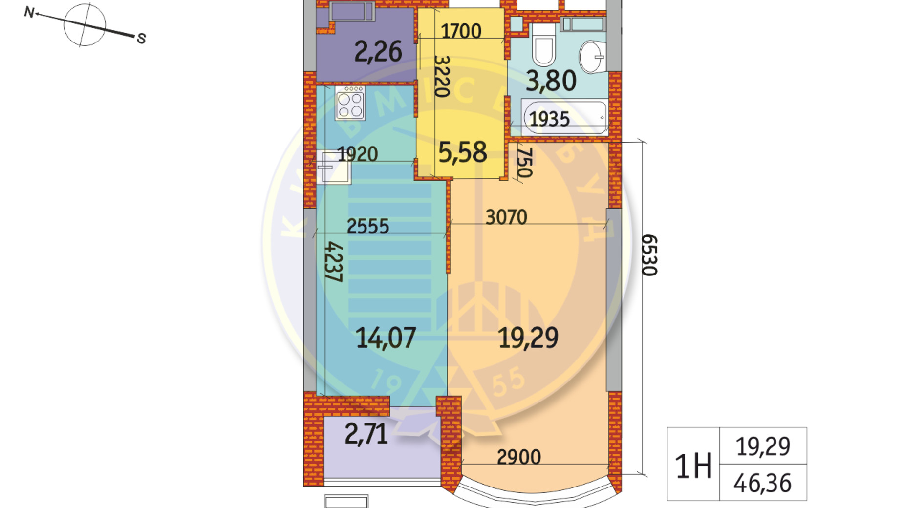 Планування 1-кімнатної квартири в ЖК Курнатовського 46.36 м², фото 233409