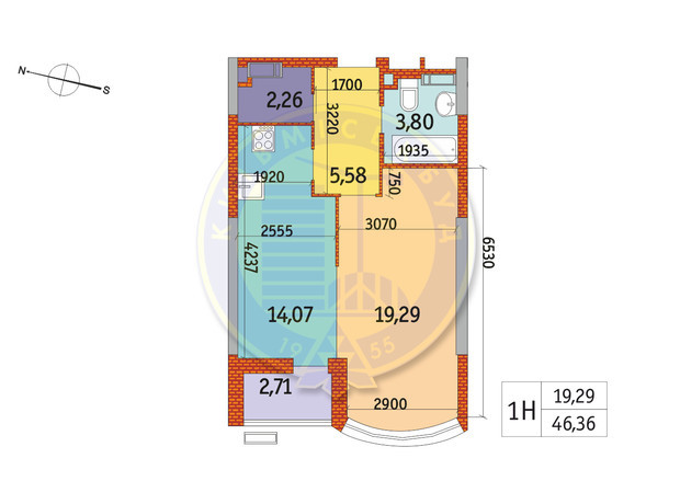 ЖК Курнатовського: планування 1-кімнатної квартири 46.36 м²