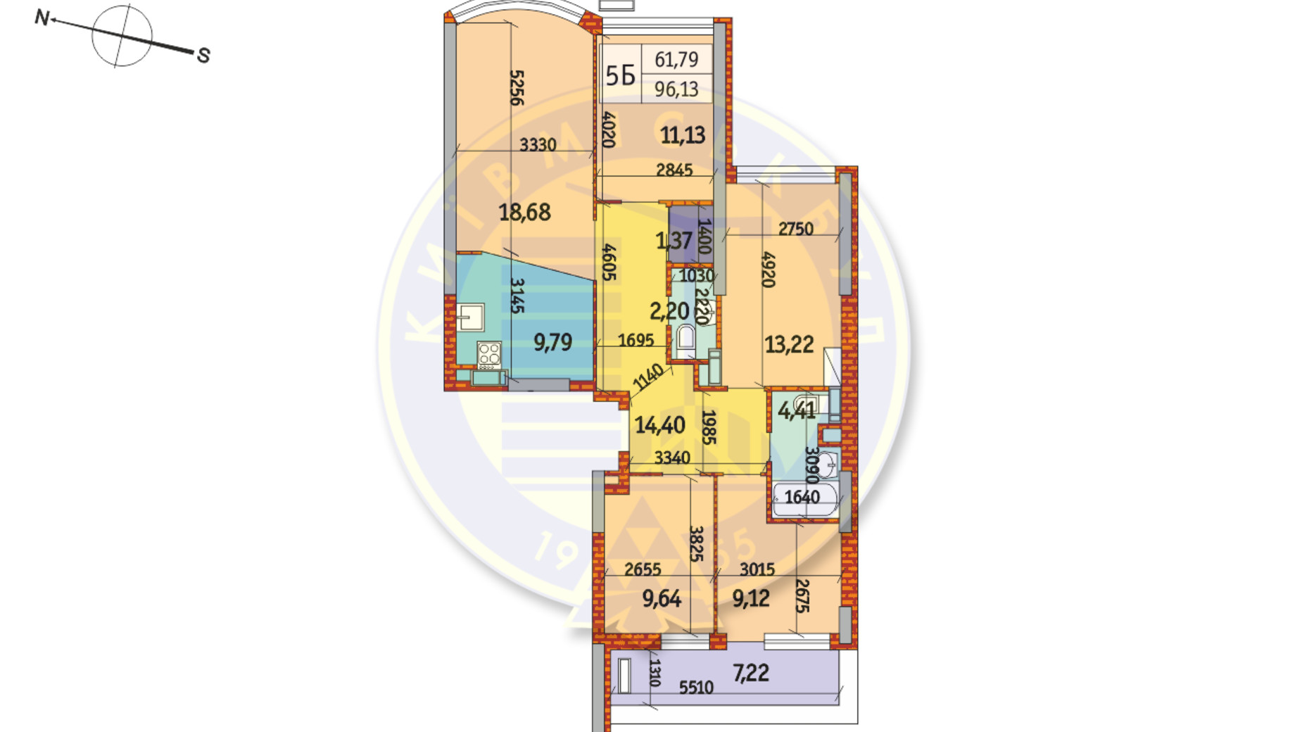 Планировка 5-комнатной квартиры в ЖК Курнатовского 96.13 м², фото 233411