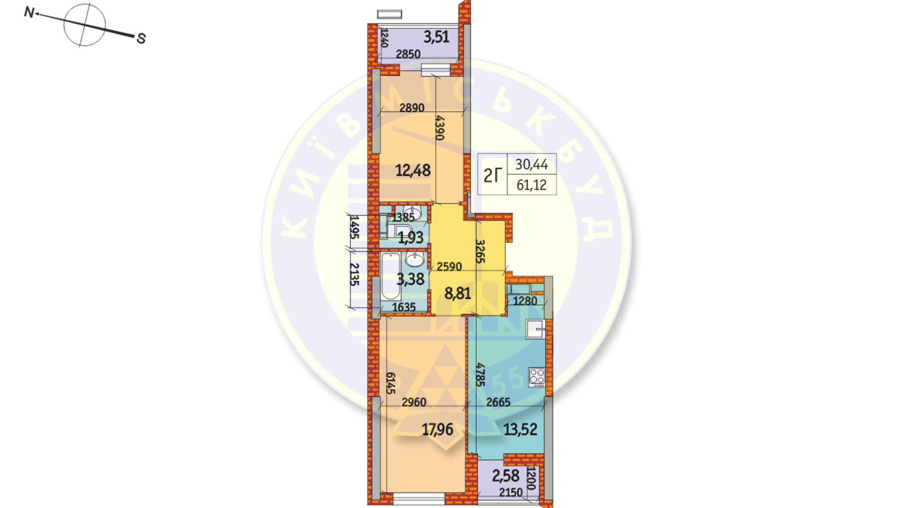 Планировка 2-комнатной квартиры в ЖК Курнатовского 61.12 м², фото 233414