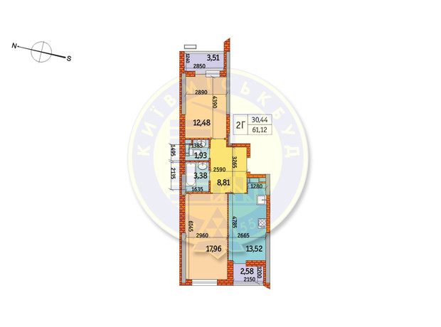 ЖК Курнатовського: планування 2-кімнатної квартири 61.12 м²