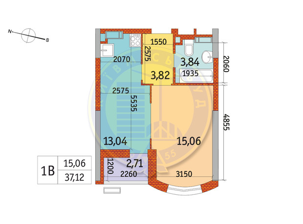 ЖК Курнатовского: планировка 1-комнатной квартиры 37.12 м²