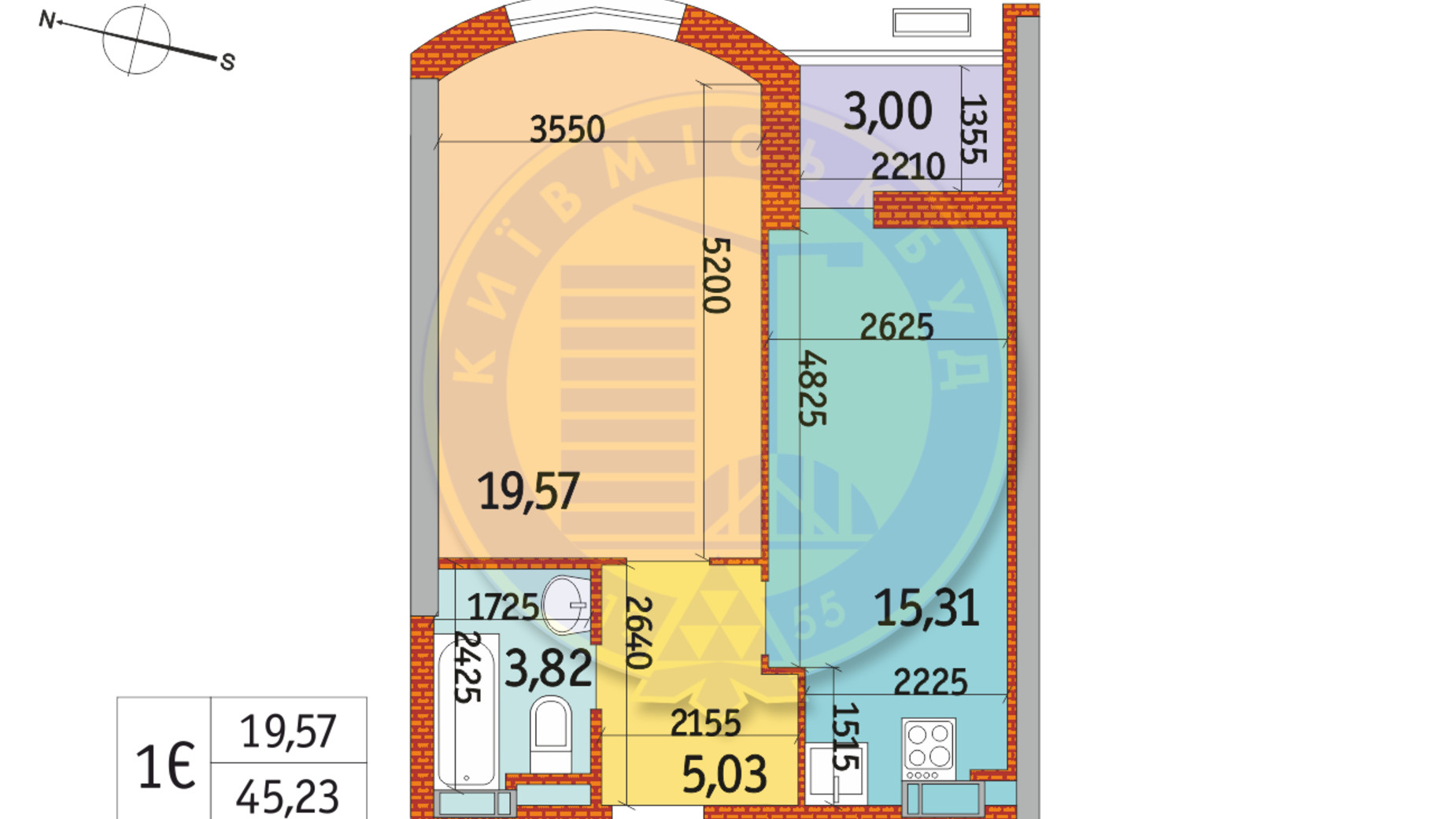 Планування 1-кімнатної квартири в ЖК Курнатовського 45.23 м², фото 233418