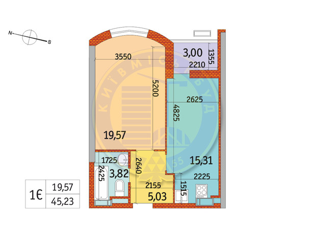 ЖК Курнатовского: планировка 1-комнатной квартиры 45.23 м²