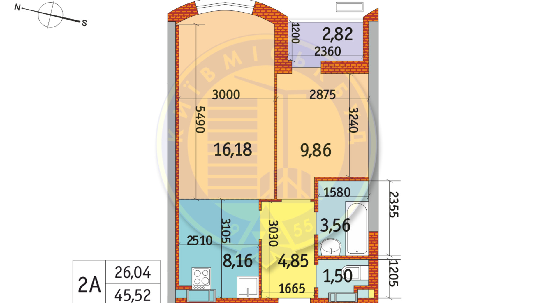 Планировка 2-комнатной квартиры в ЖК Курнатовского 45.52 м², фото 233420