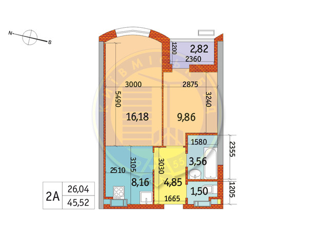 ЖК Курнатовського: планування 2-кімнатної квартири 45.52 м²