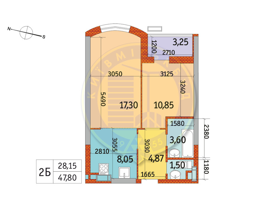 Планування 2-кімнатної квартири в ЖК Курнатовського 47.8 м², фото 233424 Планування 2-кімнатної квартири в ЖК Курнатовського 47.8 м², фото 233424