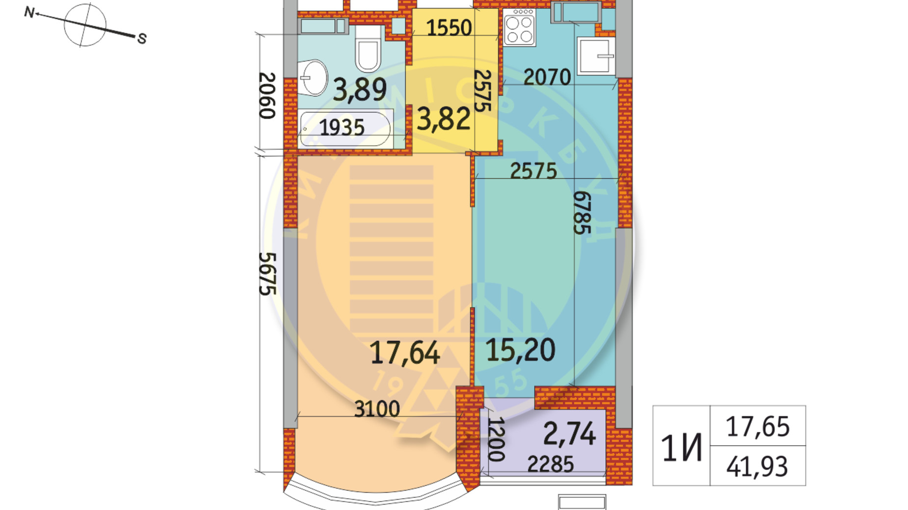 Планування 1-кімнатної квартири в ЖК Курнатовського 41.93 м², фото 233425