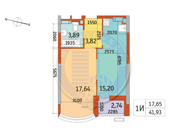 ЖК Курнатовского: планировка 1-комнатной квартиры 41.93 м²