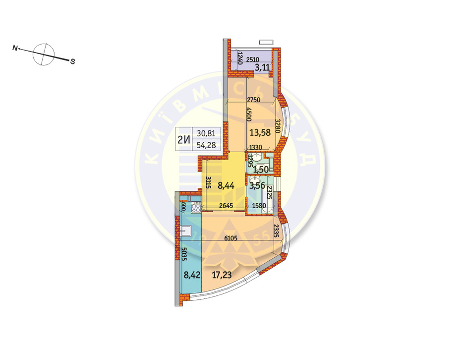 Планування 2-кімнатної квартири в ЖК Курнатовського 54.28 м², фото 233430 Планування 2-кімнатної квартири в ЖК Курнатовського 54.28 м², фото 233430
