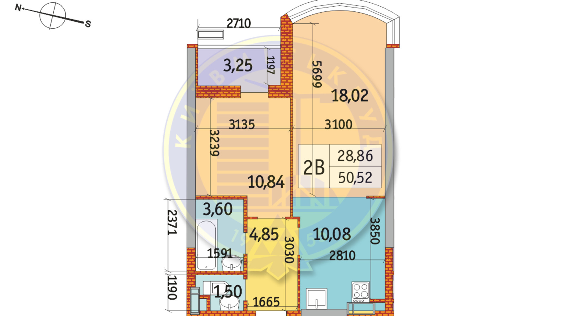 Планування 2-кімнатної квартири в ЖК Курнатовського 50.52 м², фото 233435