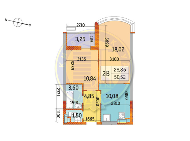 ЖК Курнатовского: планировка 2-комнатной квартиры 50.52 м²