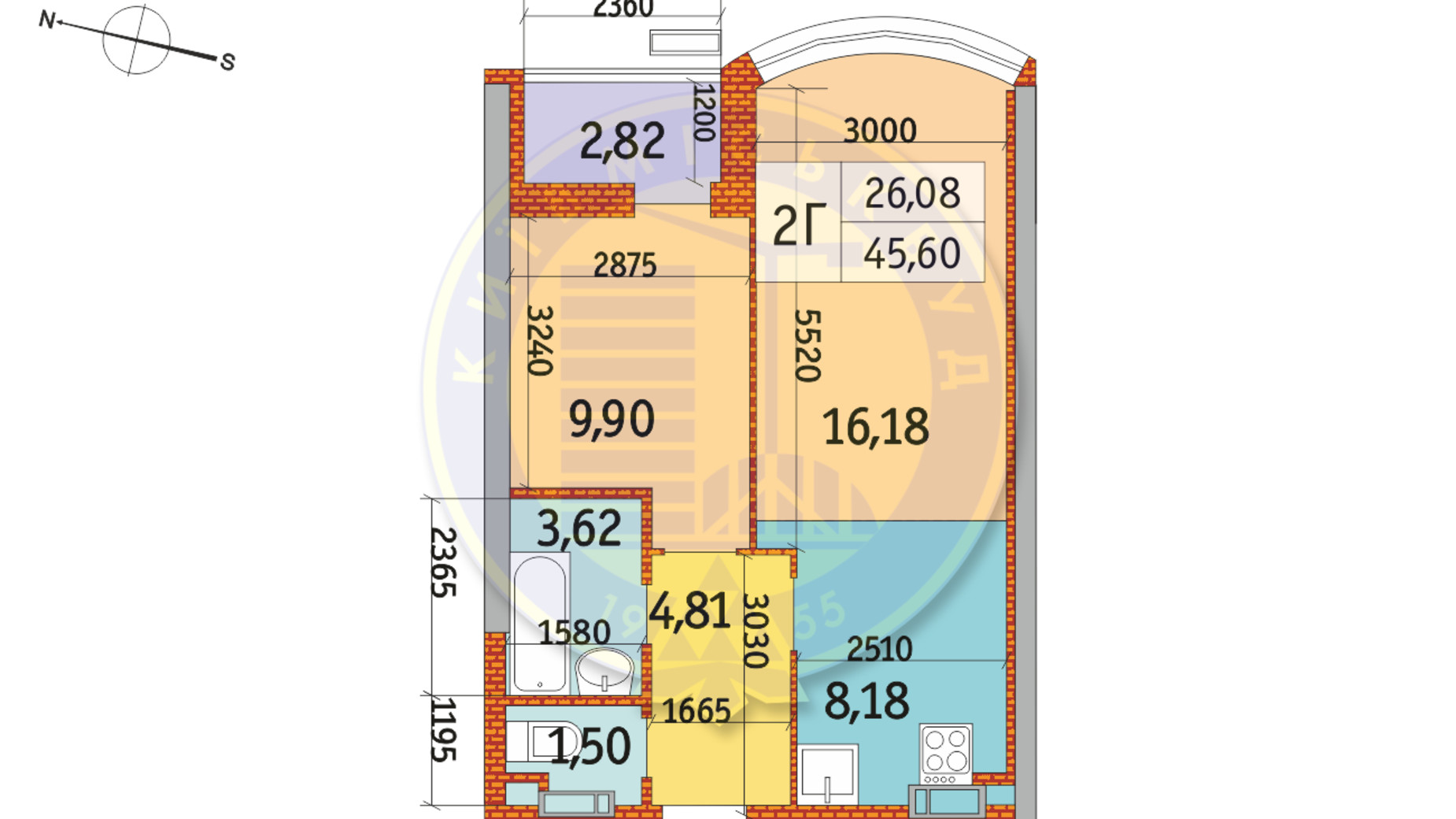 Планування 2-кімнатної квартири в ЖК Курнатовського 45.6 м², фото 233436