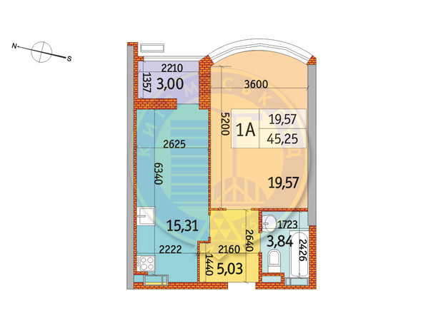 ЖК Курнатовського: планування 1-кімнатної квартири 45.25 м²