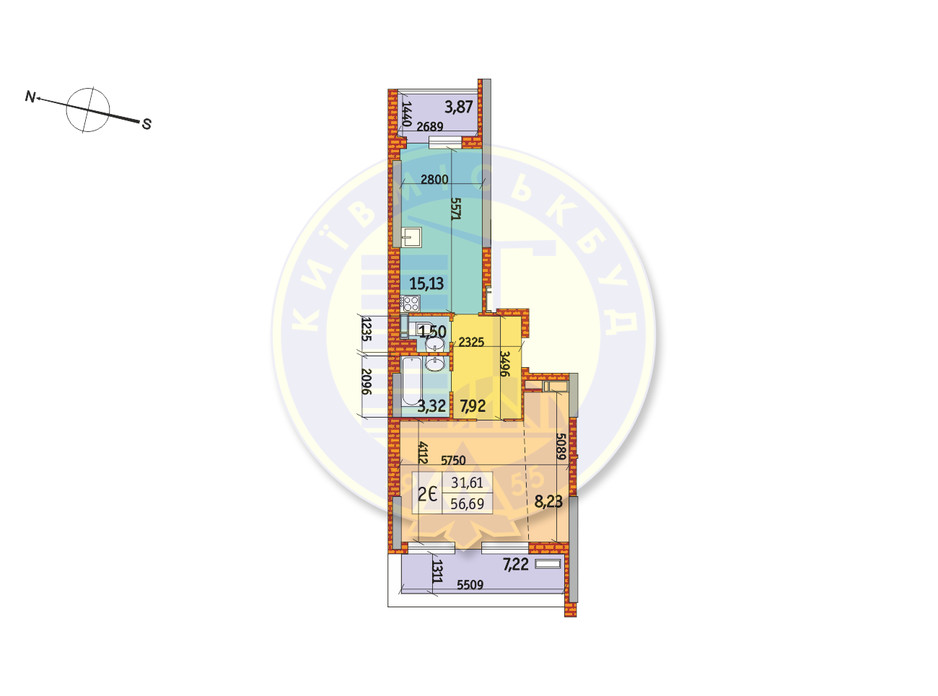 Планування 2-кімнатної квартири в ЖК Курнатовського 56.69 м², фото 233445 Планування 2-кімнатної квартири в ЖК Курнатовського 56.69 м², фото 233445