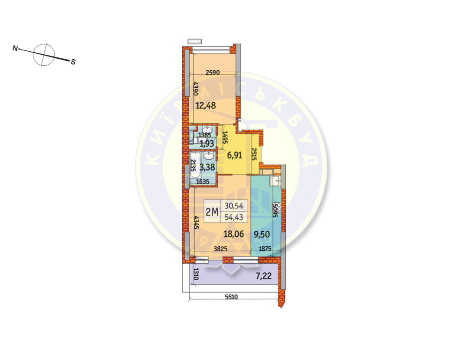 Планування 2-кімнатної квартири в ЖК Курнатовського 54.43 м², фото 233447 Планування 2-кімнатної квартири в ЖК Курнатовського 54.43 м², фото 233447