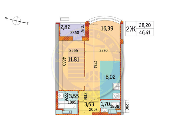 ЖК Курнатовского: планировка 2-комнатной квартиры 46.41 м²