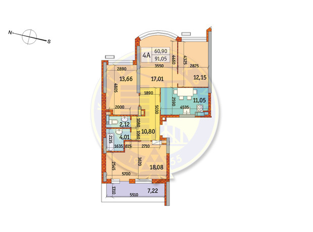 ЖК Курнатовского: планировка 4-комнатной квартиры 91.05 м²