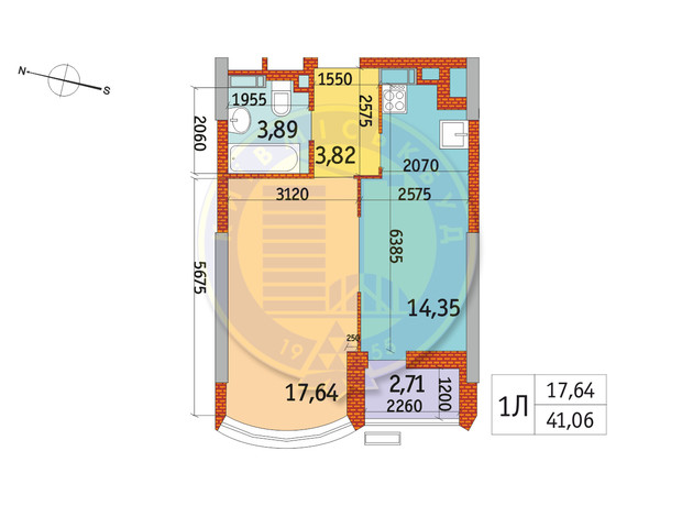 ЖК Курнатовського: планування 1-кімнатної квартири 41.06 м²